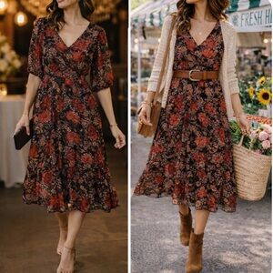 Maurices Dark Floral Long Sleeve Dress Sz XS V-Neck Boho Fall Empire Peasant EUC